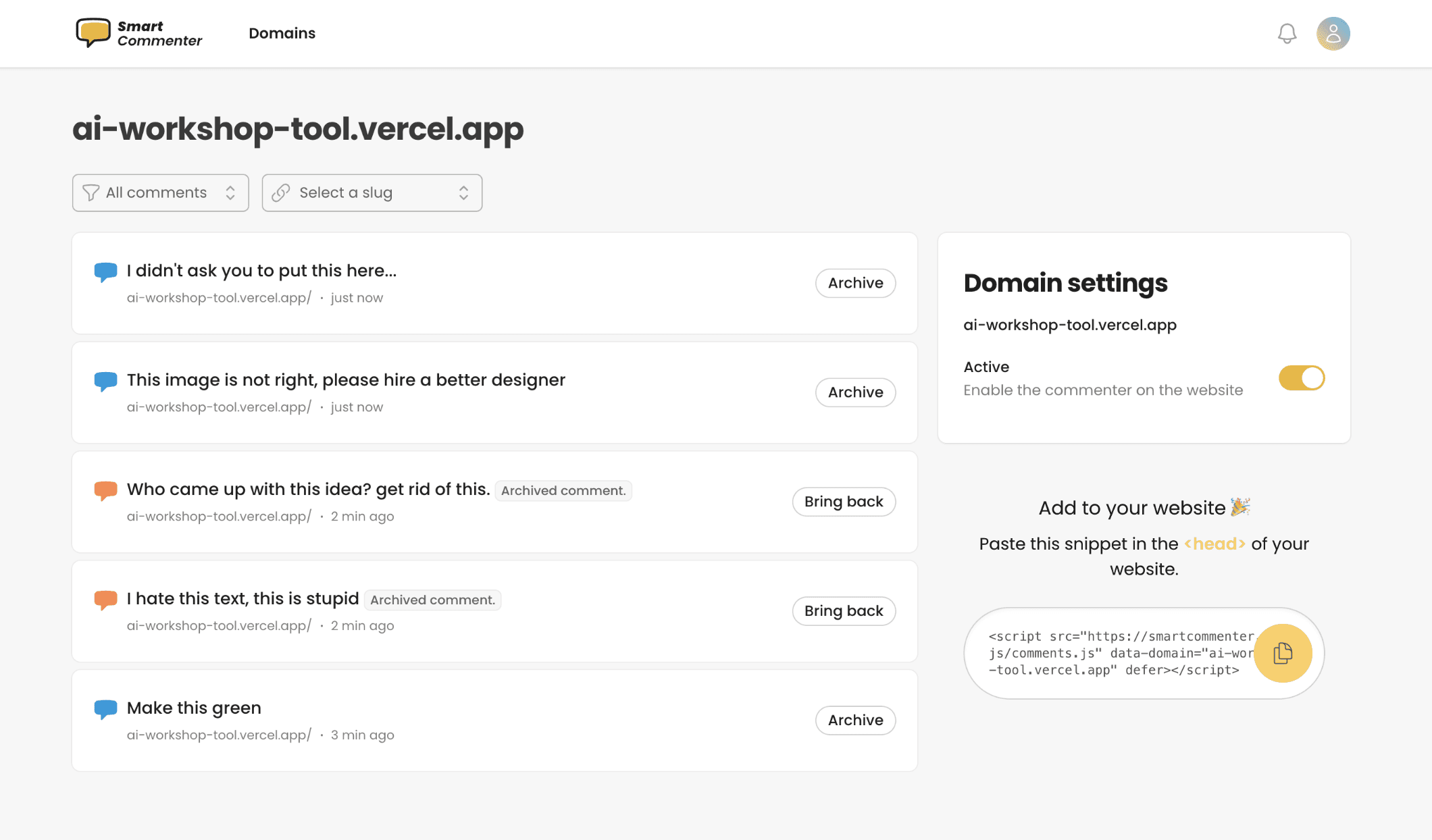 Simple Commenter Dashboard Demo