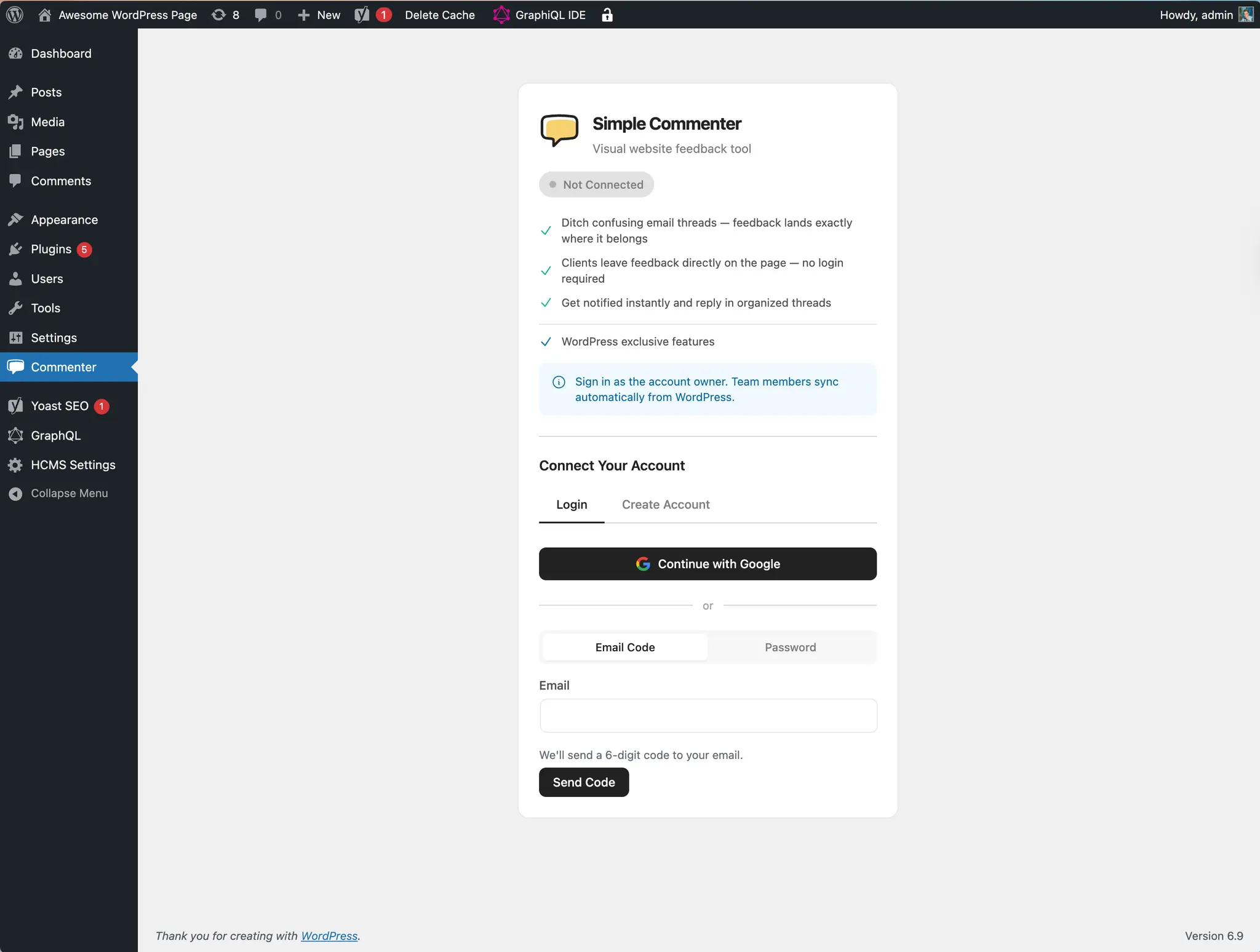 Connecting Simple Commenter inside the WordPress plugin settings