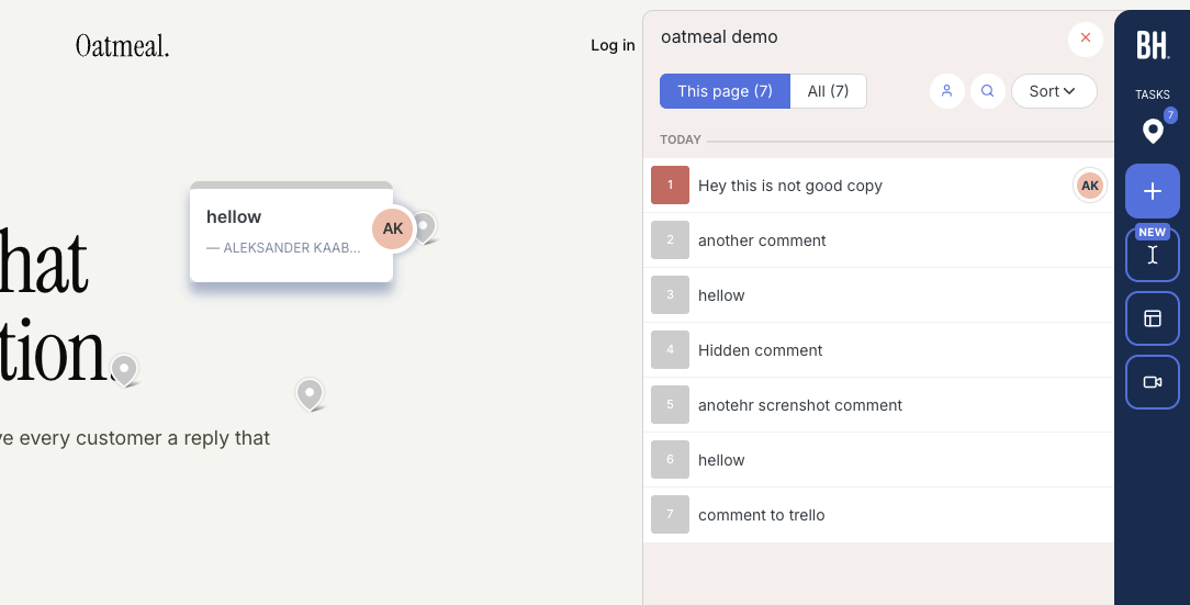 BugHerd widget showing pinned comments and task sidebar on a website