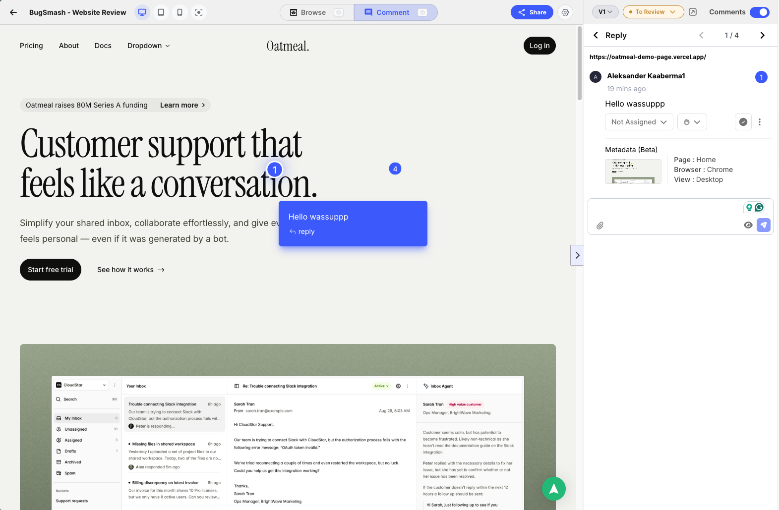 BugSmash widget showing iframe-based feedback view with pinned comments across web, design, and PDF assets