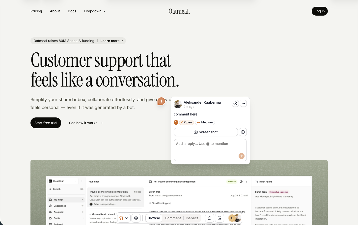 Huddlekit widget showing iframe-based feedback canvas with pinned comments and kanban dashboard
