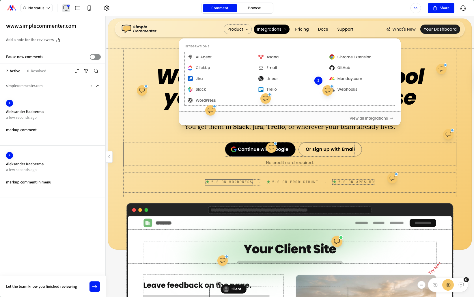 Markup.io widget showing the comment overlay and dashboard sidebar