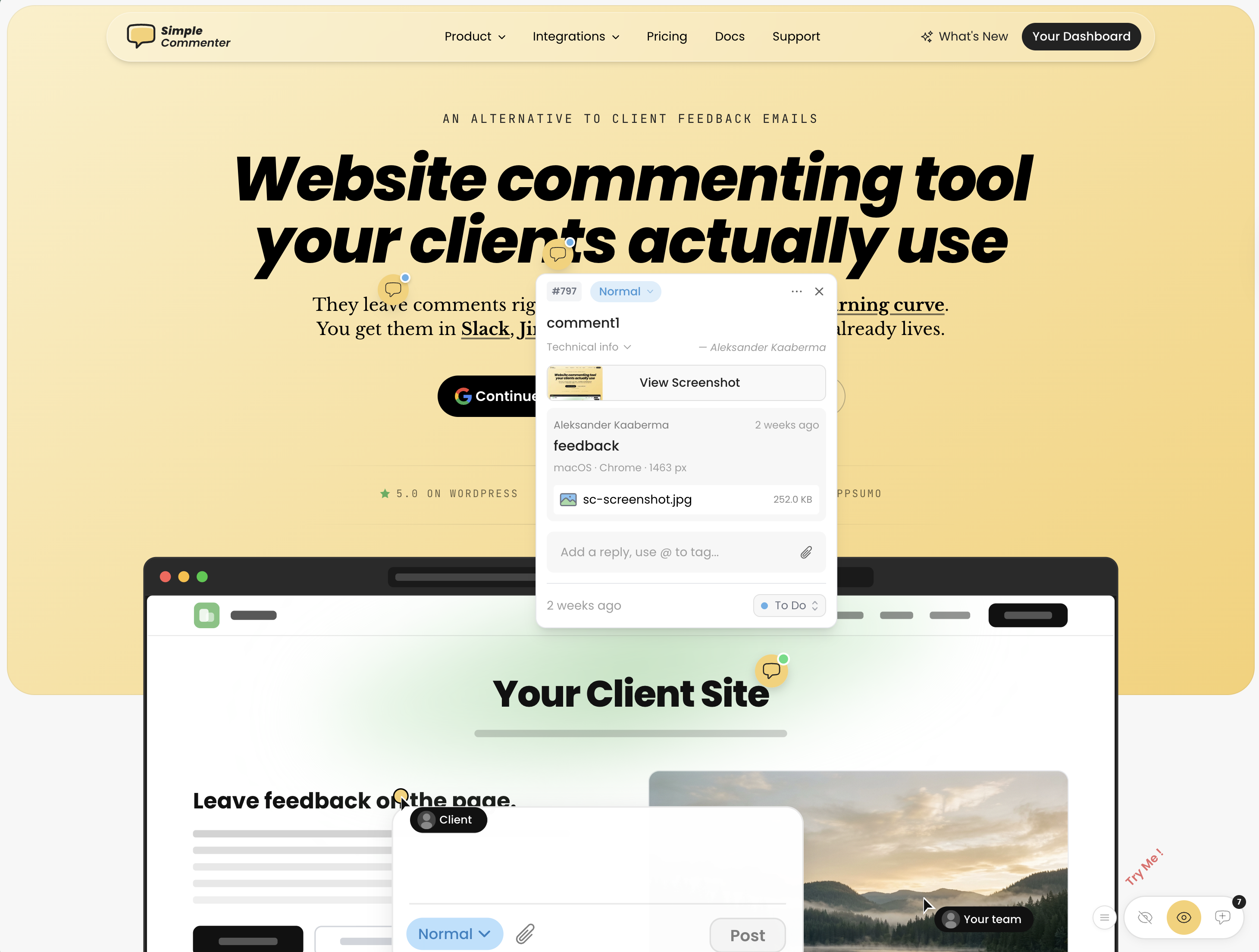 Simple Commenter widget showing pinned comments and threaded replies on a live website
