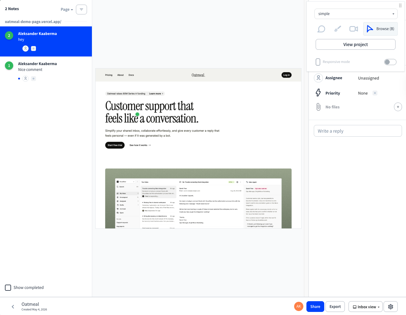 Volley feedback widget showing pinned comment with automatic screenshot capture