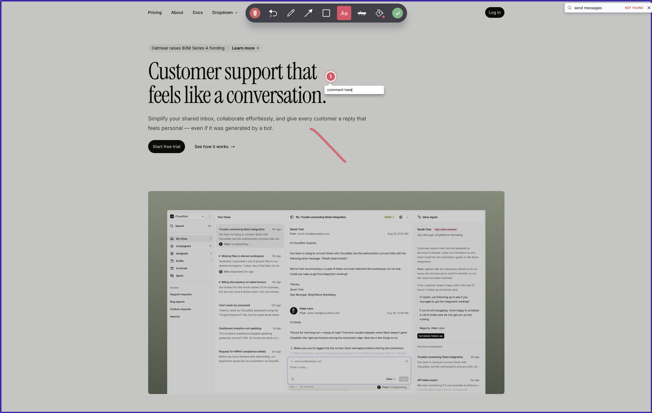 Ybug widget showing a captured screenshot with drawing tools and annotation comments